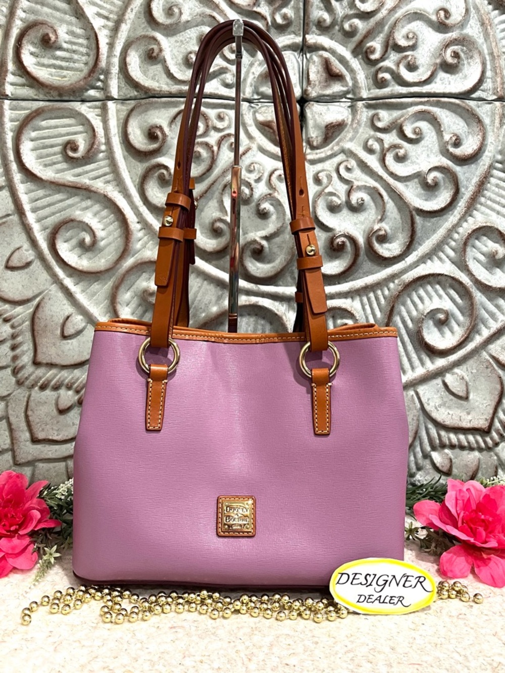 Dooney & Bourke Pink Leather Shoulder Tote with Brown Trim - Picture 1 of 12
